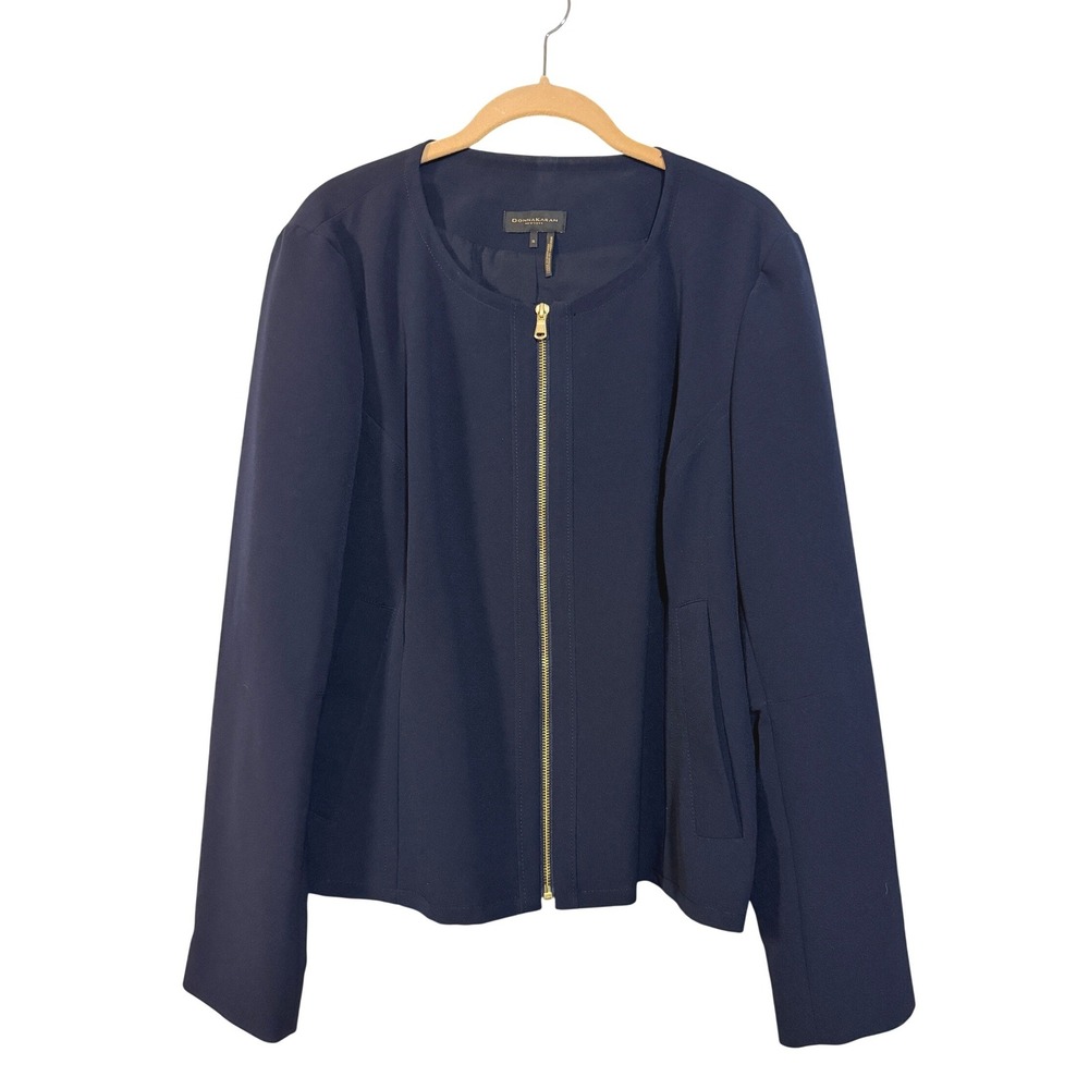 Donna Karan Jacket Womens XL Navy Blue Zip Front Gold Hardware Blazer XL